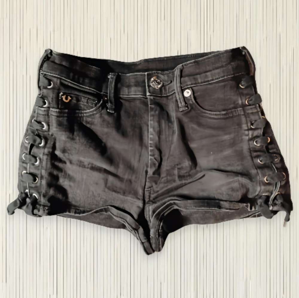 True Religion Black Jean Shorts with Lace-Up Details